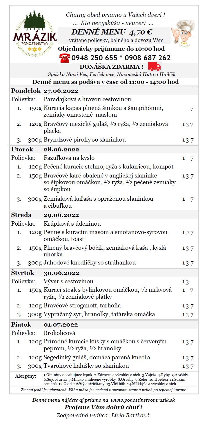 Obedy Mrazik Denne menu 27.06.-01.07.